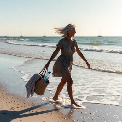 Walking along the shoreline at sunset