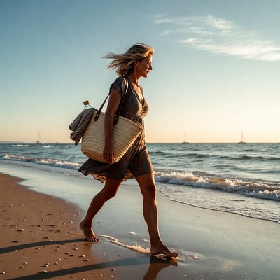 Woman walking on beach at sunset
