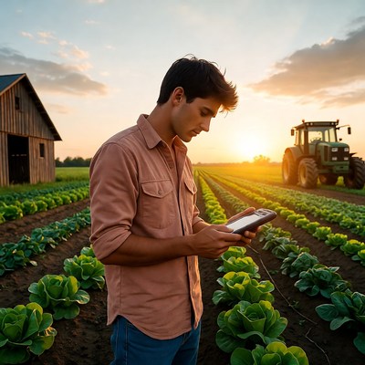 Farmer using device at sunset