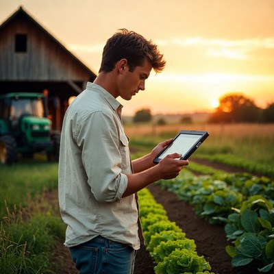 Farm worker using tablet at sunset
