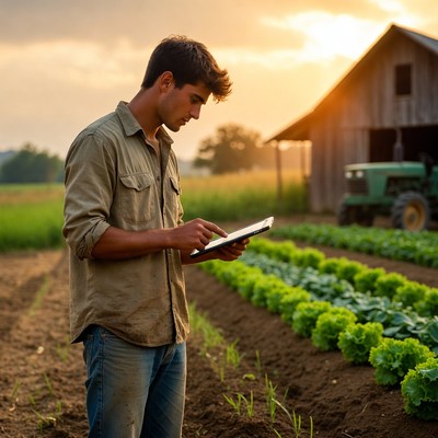 Young farmer checks crops at sunset