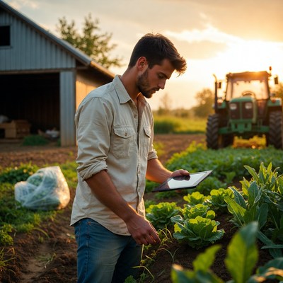 Farmer using tablet at sunset