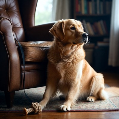 Golden retriever sits in living room