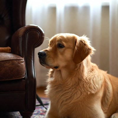 Golden dog sitting near a chair