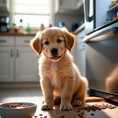 Golden puppy sits in kitchen
