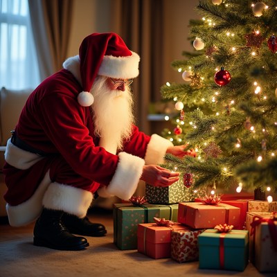 Santa arranging gifts under tree