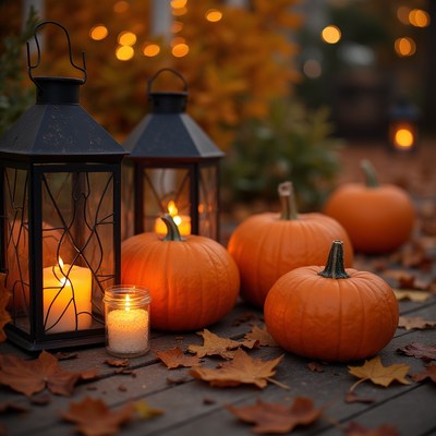 Pumpkins and lanterns in autumn