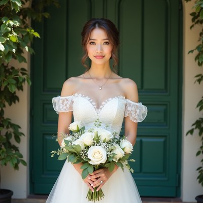 Woman in wedding dress with bouquet