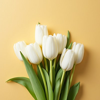 White tulips on yellow background