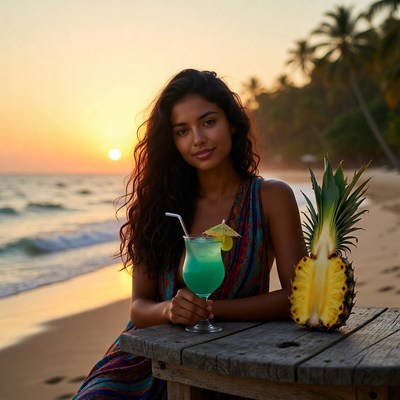 Sunset beach scene with drink