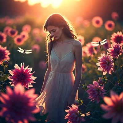 Girl in flower field at sunset