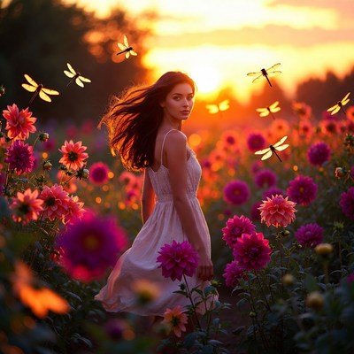Sunset in a flower field with woman
