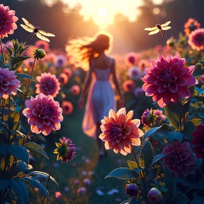Woman walking in flower field during sunset