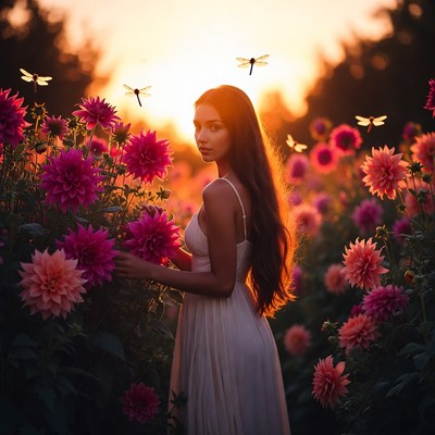 Woman among flowers at sunset