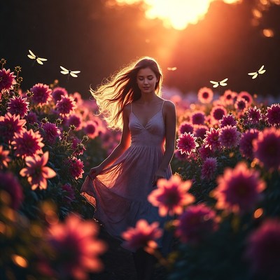 Woman walking through flower field at sunset