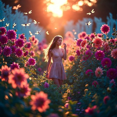 Woman walking in flower field at sunset