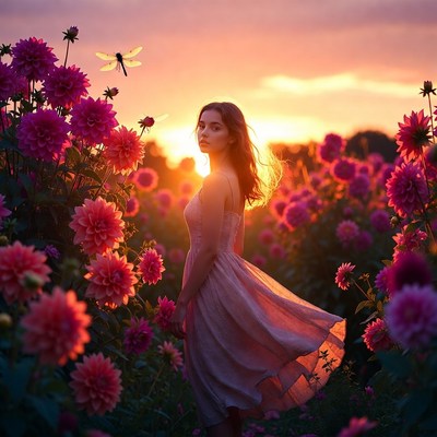 Young woman in flower field at sunset