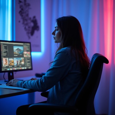 Woman working on computer at night