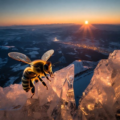 Bee on ice at sunset
