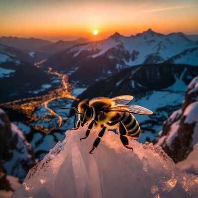 Bee on ice at sunset