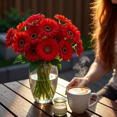 Bright flowers and warm coffee moment