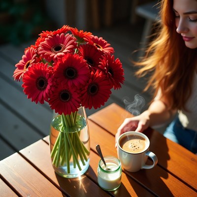 Coffee and flowers in morning light