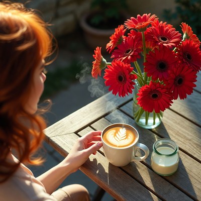 Enjoying coffee with flowers