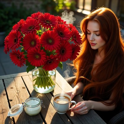 Warm drink and flowers in sunlight