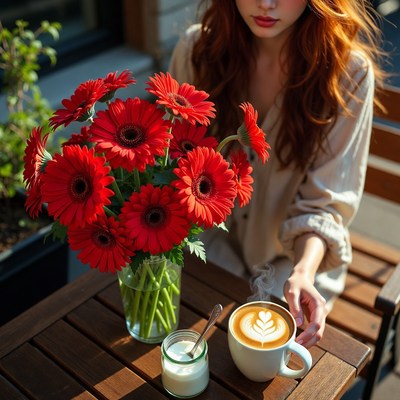 Woman enjoys coffee with flowers
