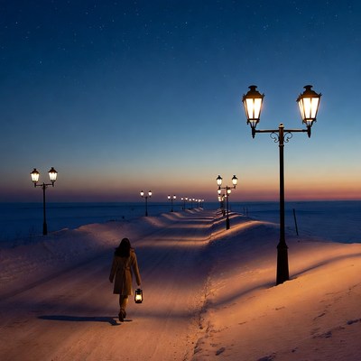 Walking alone on a snowy path at dusk