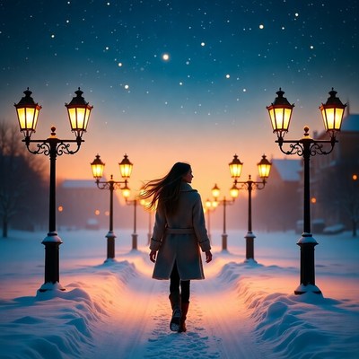 Walking through a snowy pathway at night