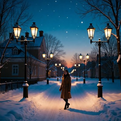 Snowy evening walk with street lamps