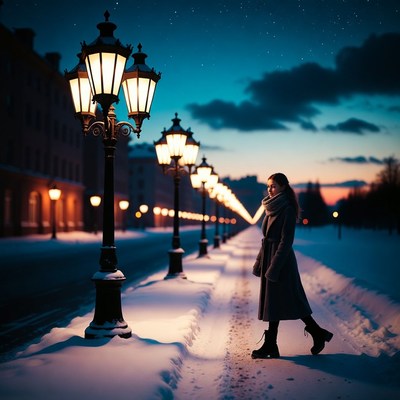 Woman walking in winter evening light