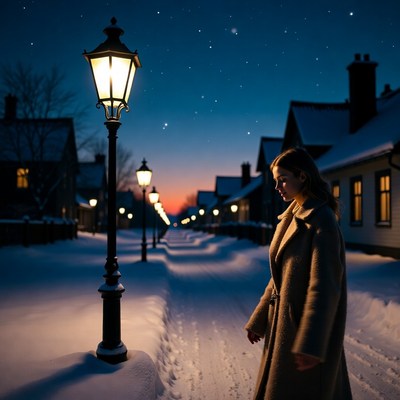 Woman walking in snowy street at night