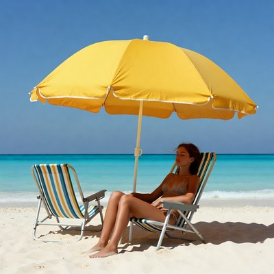Sunbather under umbrella on beach