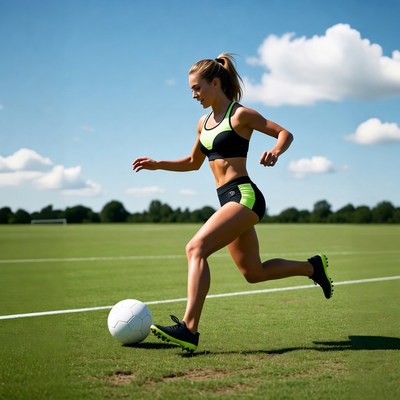 Woman plays soccer on green field