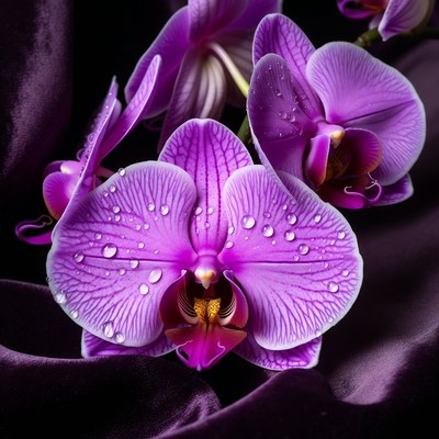 Purple orchids with water droplets on fabric