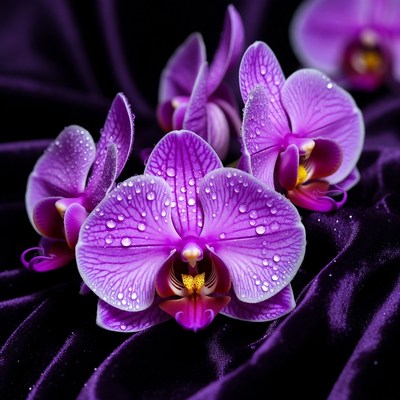 Purple orchids with water droplets on fabric