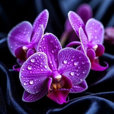 Purple orchids with water droplets on fabric