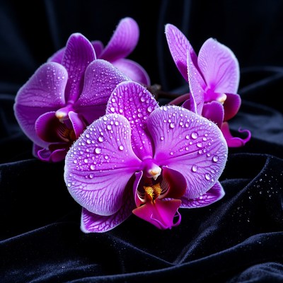 Purple orchids on black velvet surface