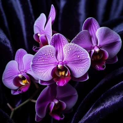 Orchids with droplets against dark fabric