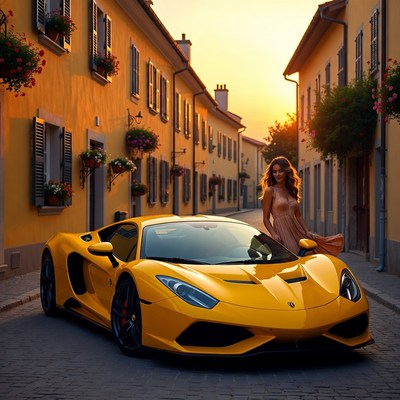 Yellow car with a woman at sunset
