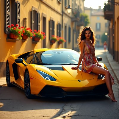 Woman with yellow sports car in city