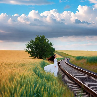 Woman stands near train tracks in field
