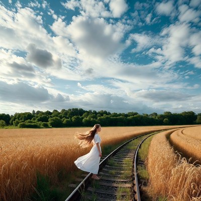 Girl walking on train tracks