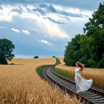 Woman walks along railway track