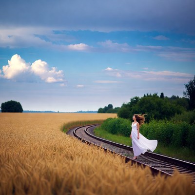 Woman walking on train tracks