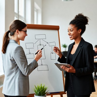 Women discussing project plans in office