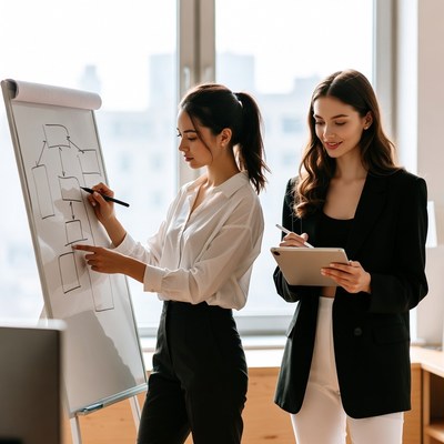 Women discussing ideas in office setting