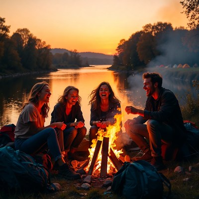 Friends gather around campfire at sunset